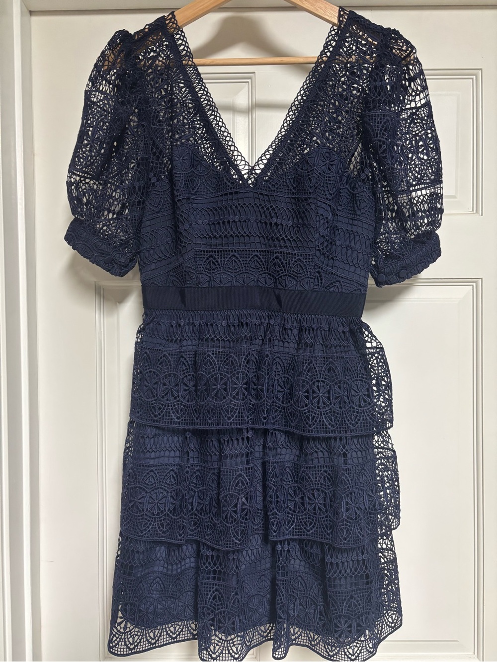 Navy Lace eyelet  Tiered V-Neck Women's Dress